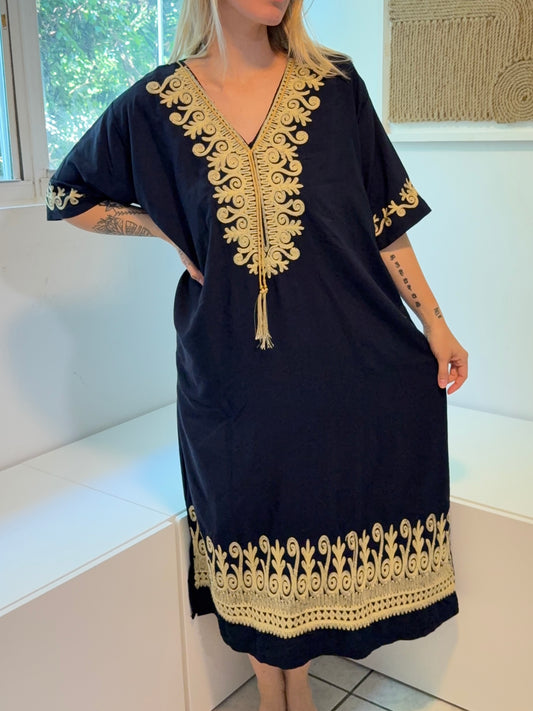 Navy Blue with Gold Embroidery Short Sleeve 100% Cotton Dress
