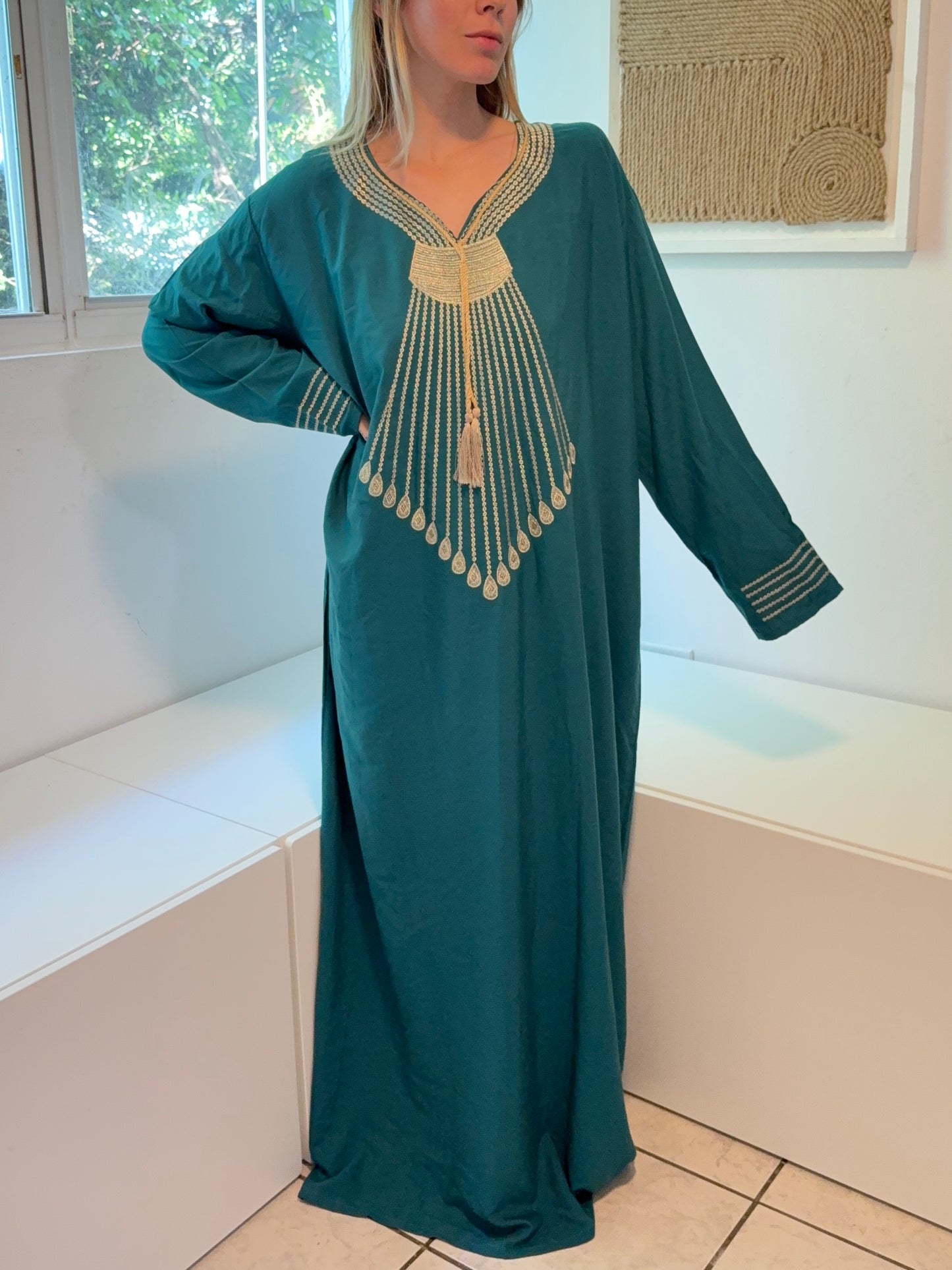 Emerald Green with Gold Embroidery Long Sleeve 100% Cotton Dress