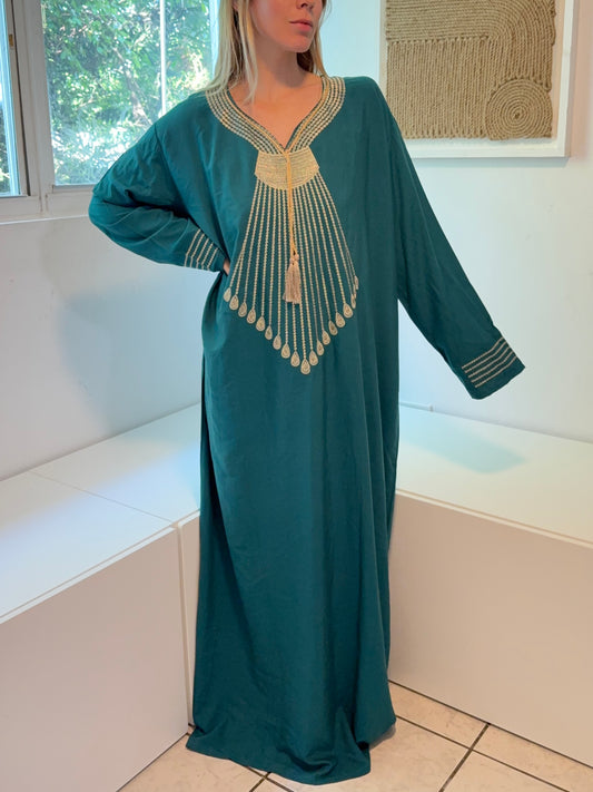 Emerald Green with Gold Embroidery Long Sleeve 100% Cotton Dress