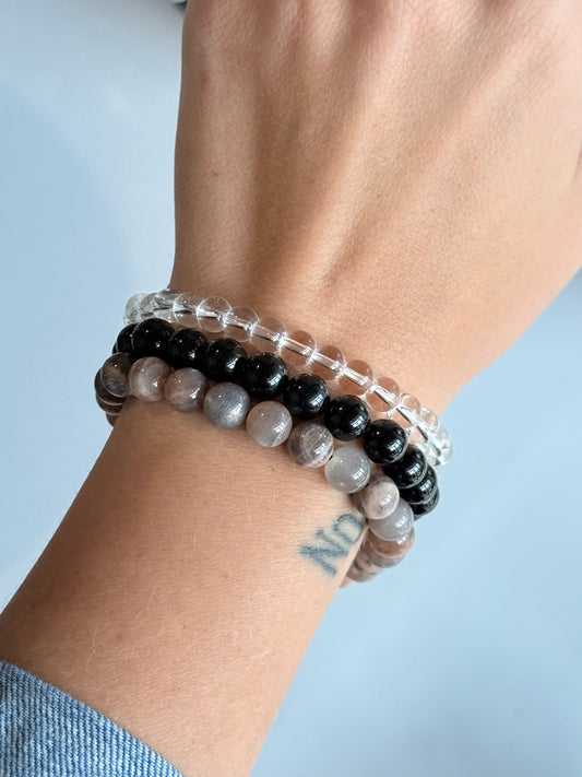 Set de Pulseras para la Energía de la Ansiedad – Onyx 12 mm, Cuarzo Cristal 6 mm y Day & Night Moonstone 8 mm