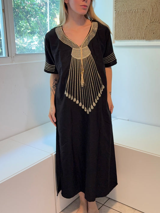 Black with Gold Embroidery Short Sleeve 100% Cotton Dress