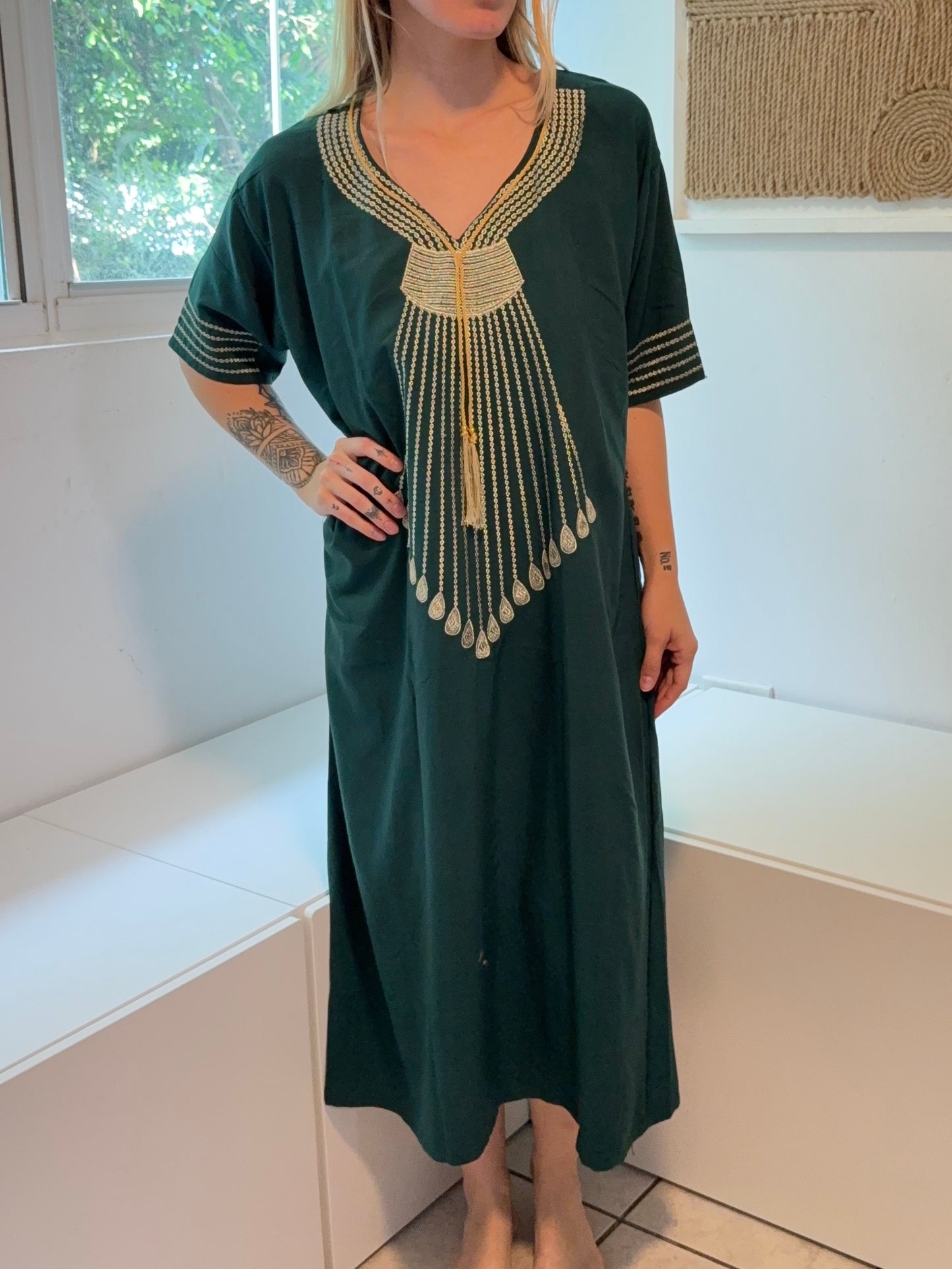 Green with Gold Embroidery Short Sleeve 100% Cotton Dress