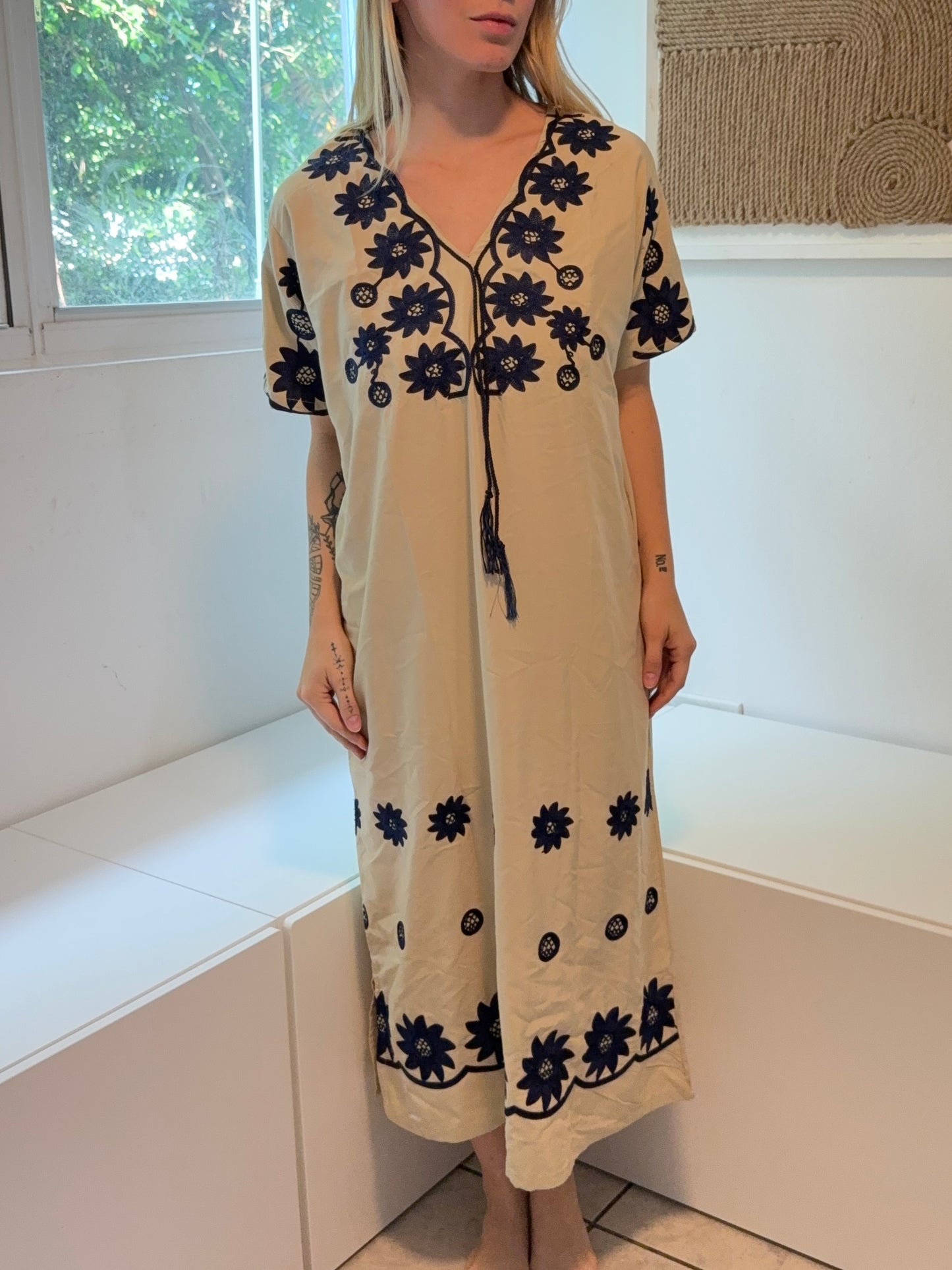 Nude with Blue Embroidery Short Sleeve 100% Cotton Dress