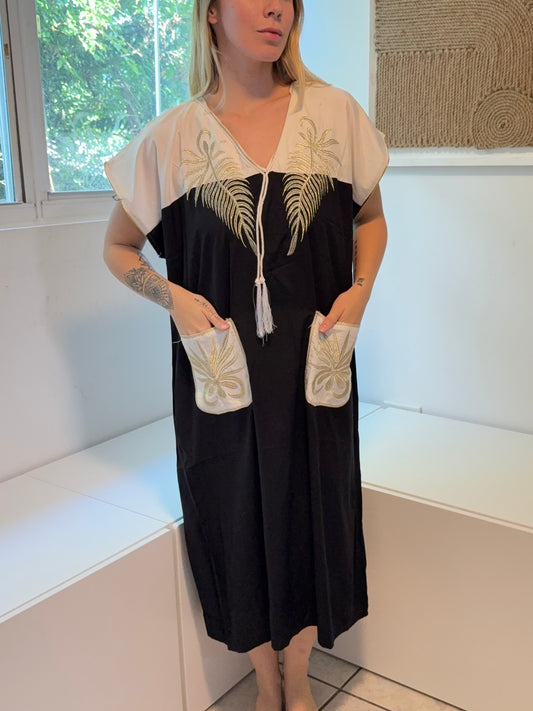 Black & White with Gold Embroidery Short Sleeve 100% Cotton Dress