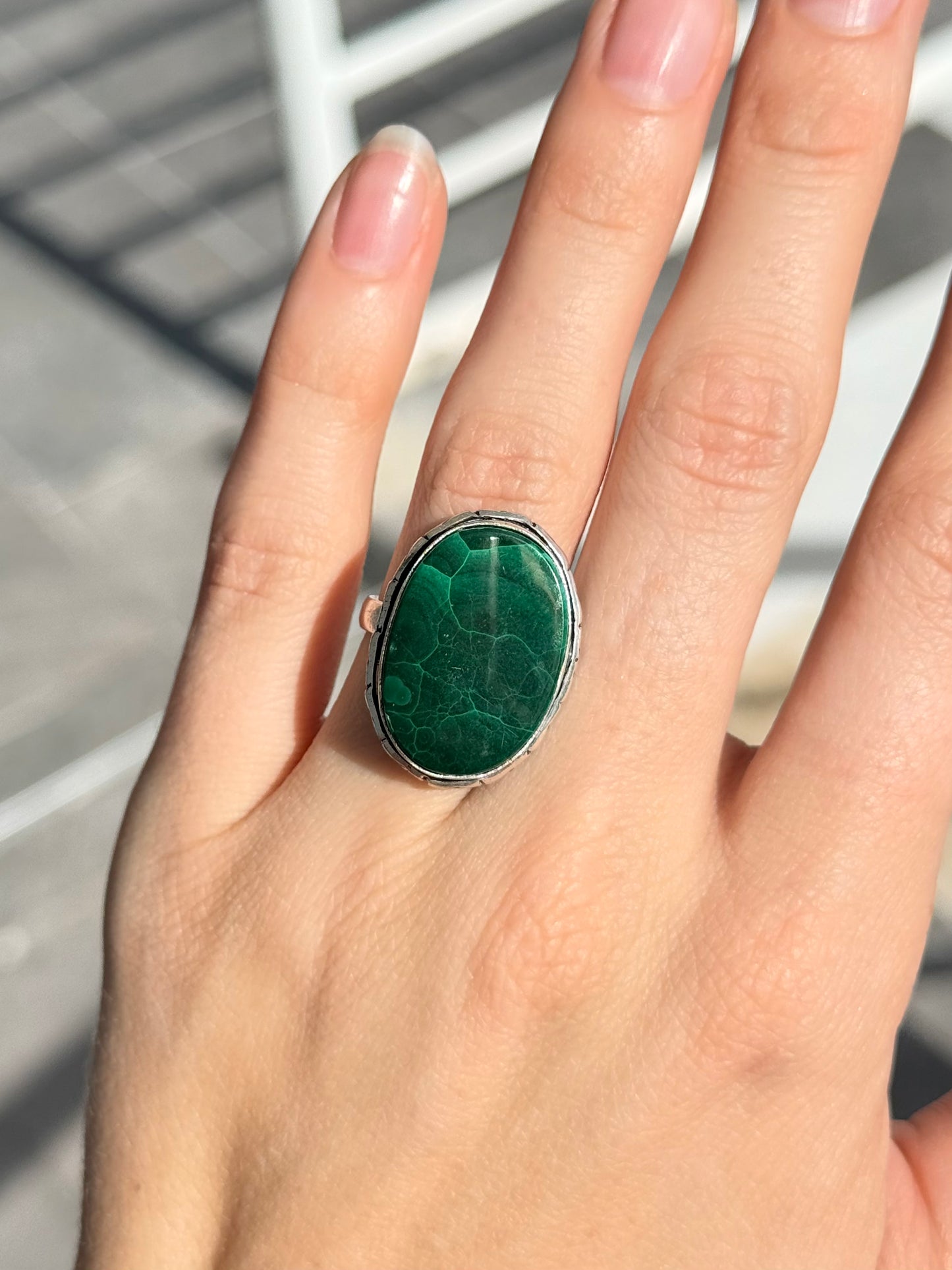 Malachite Ring ( Indian Silver ) Adjustable to size