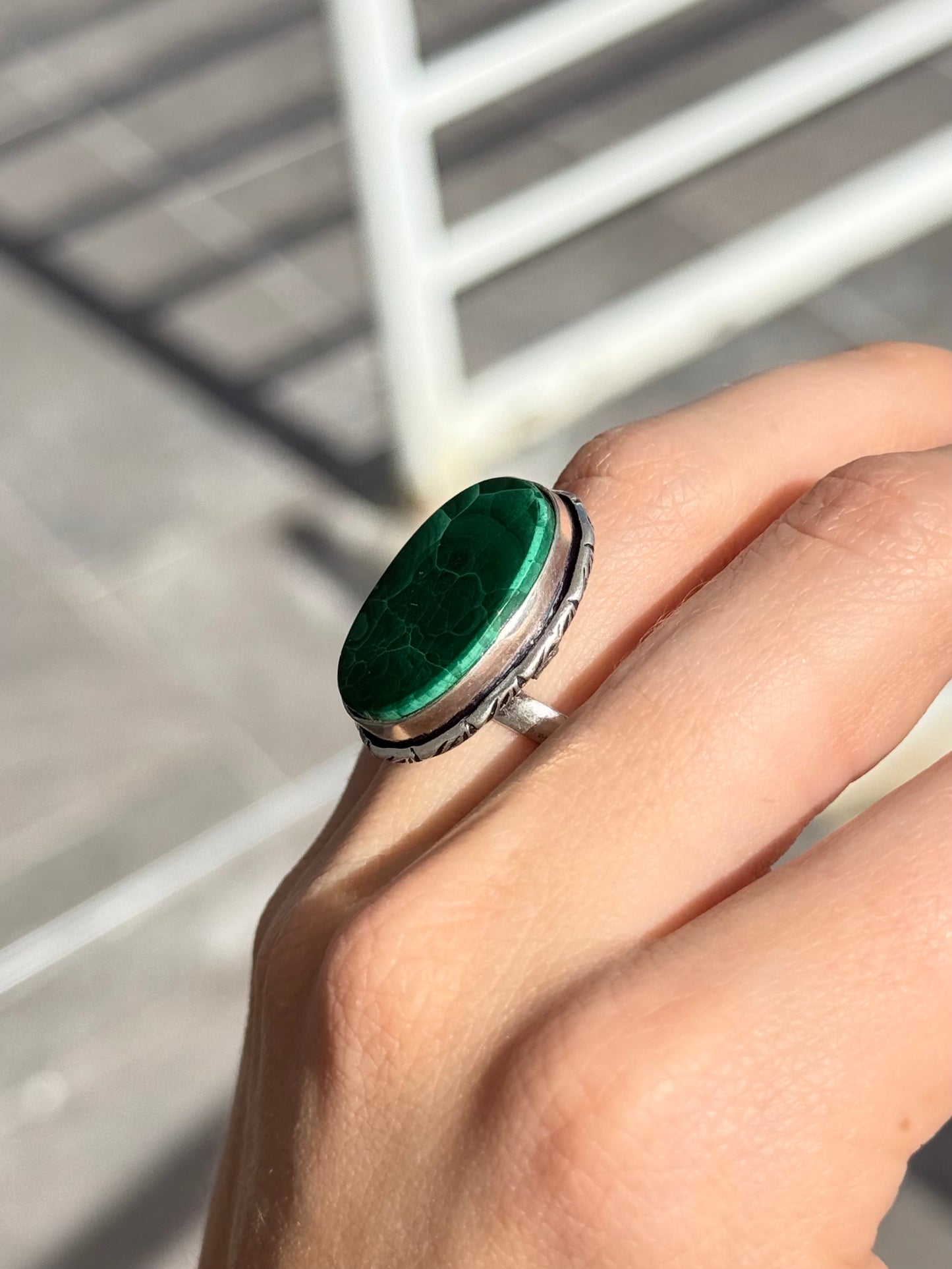 Malachite Ring ( Indian Silver ) Adjustable to size