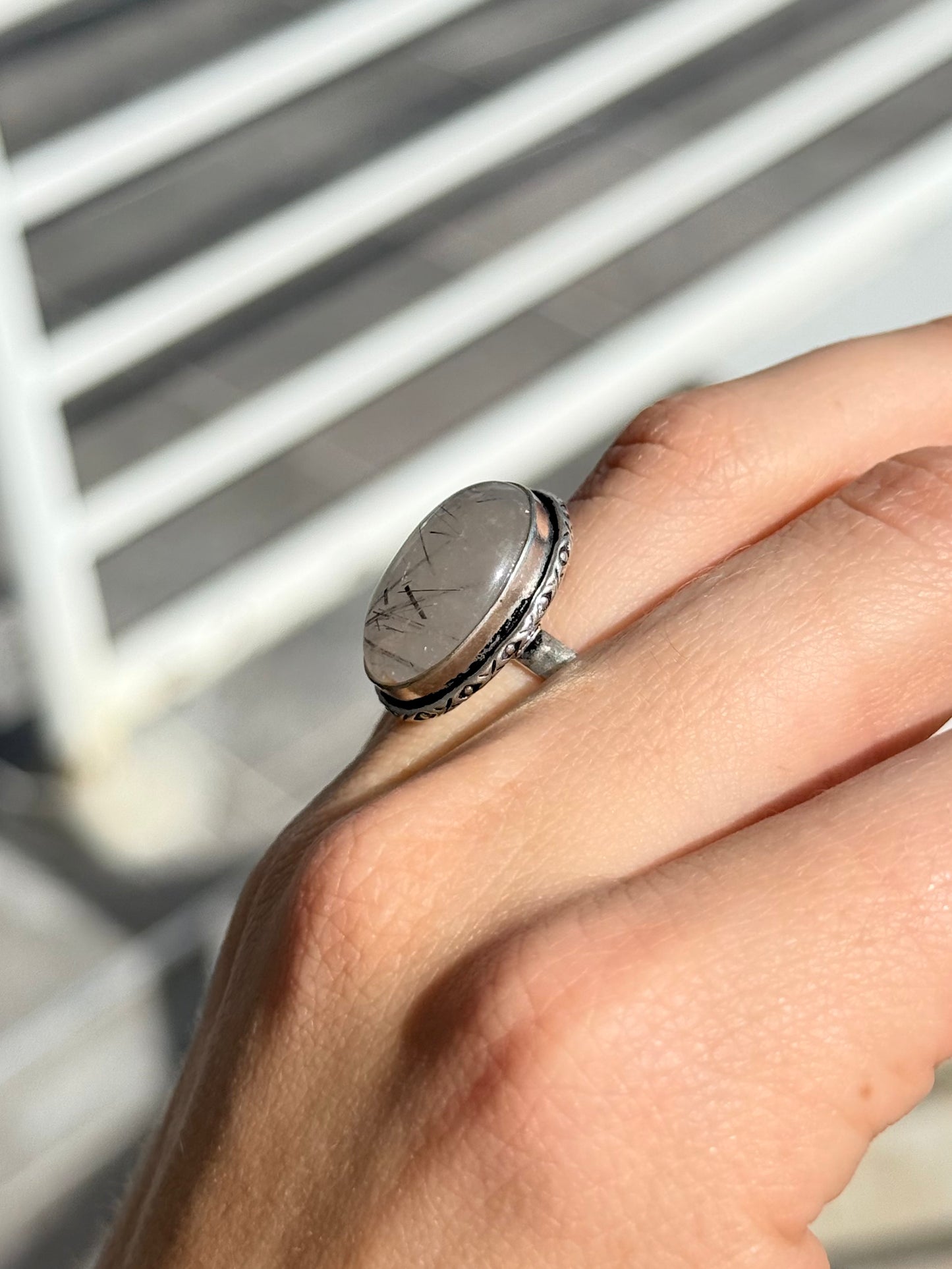 Tourmalinated Quartz Ring ( Indian Silver ) Adjustable to size