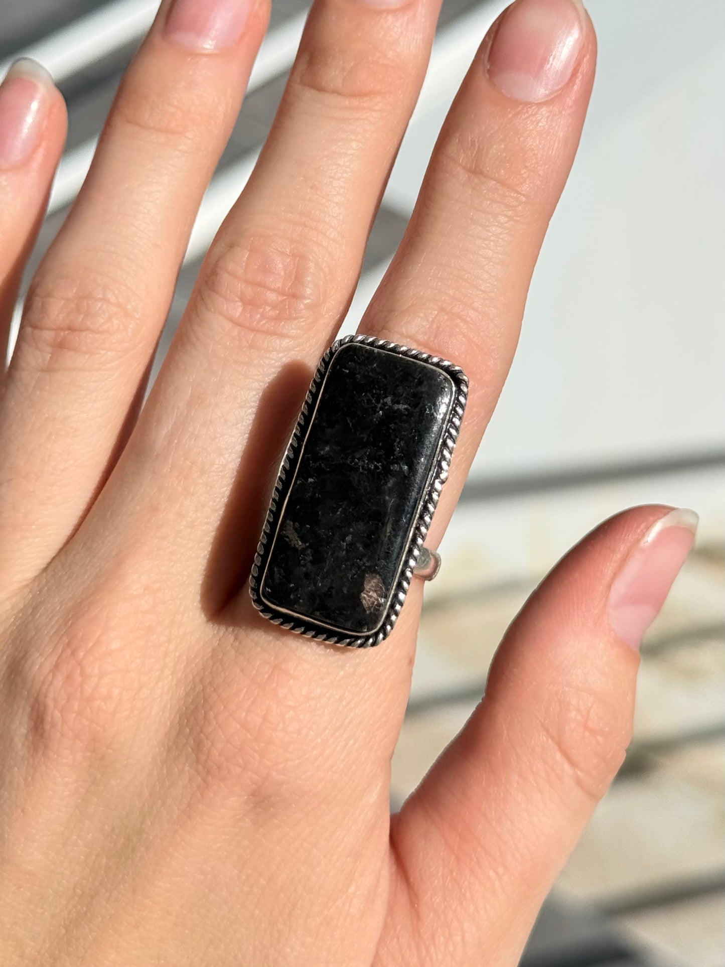 Low Grade Nuummite Ring ( Indian Silver ) Adjustable to size