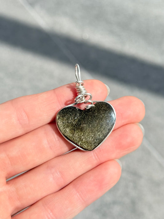 Sheen Obsidian Heart Pendant ( Silver 925 Wire )