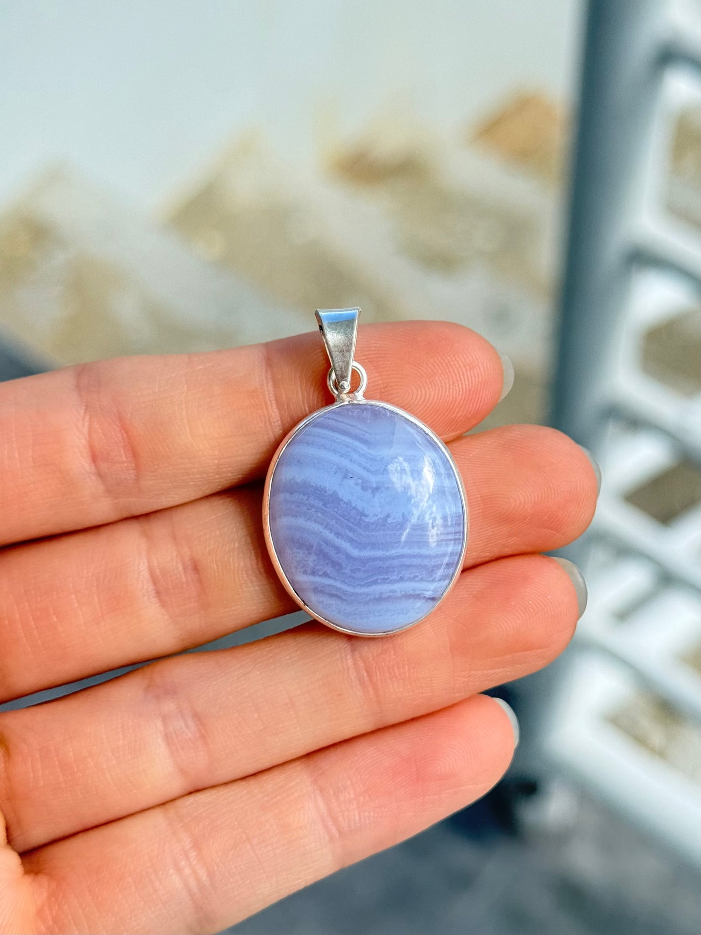 Blue Lace Agate Pendant ( Indian Silver )