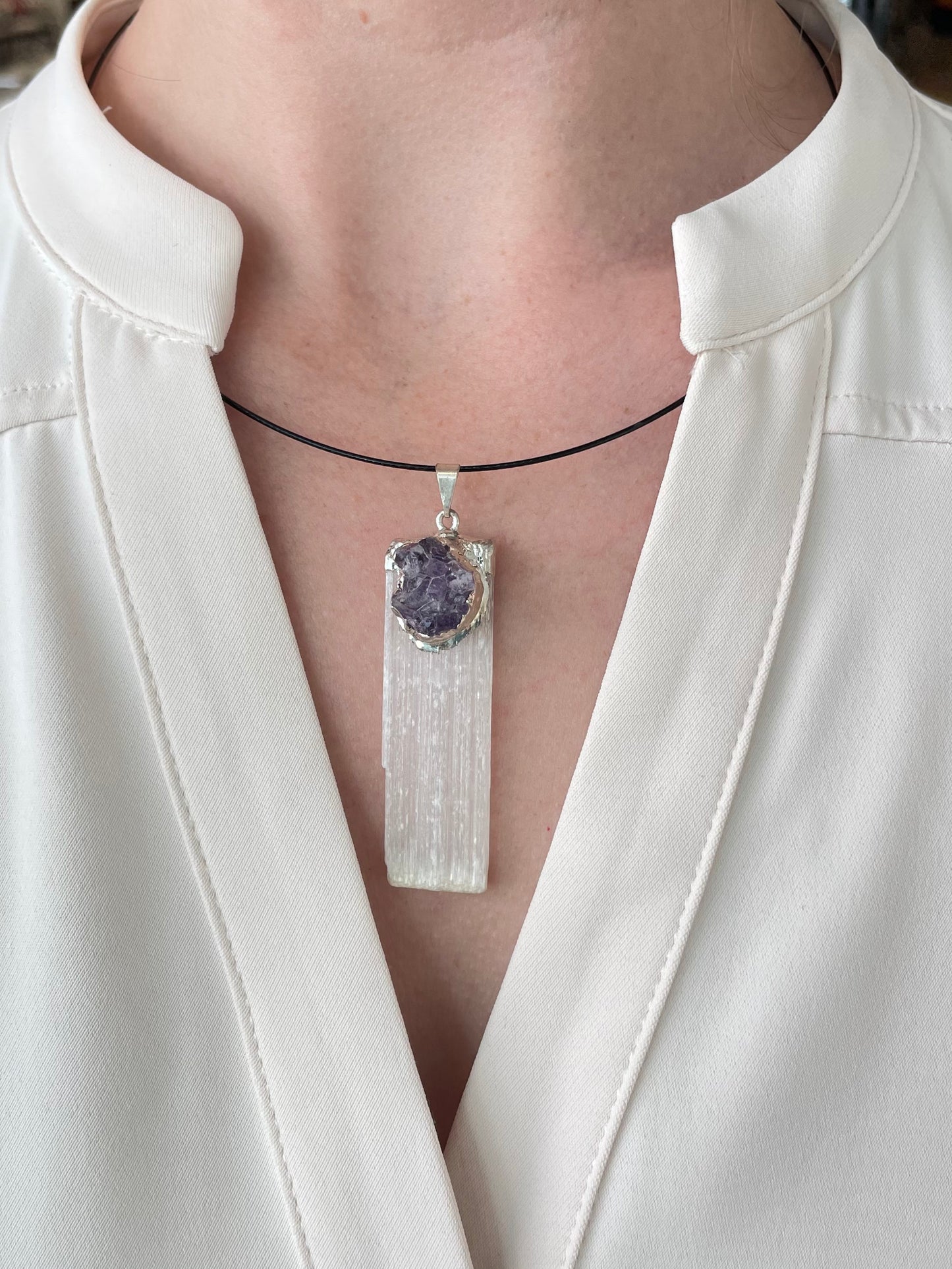 Selenite and Amethyst Pendant