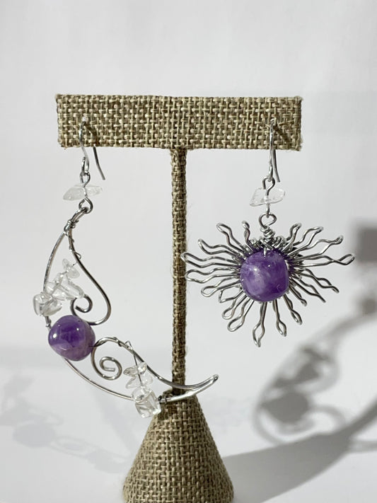 Amethyst Sun and Moon Earrings ( Stainless Steel )