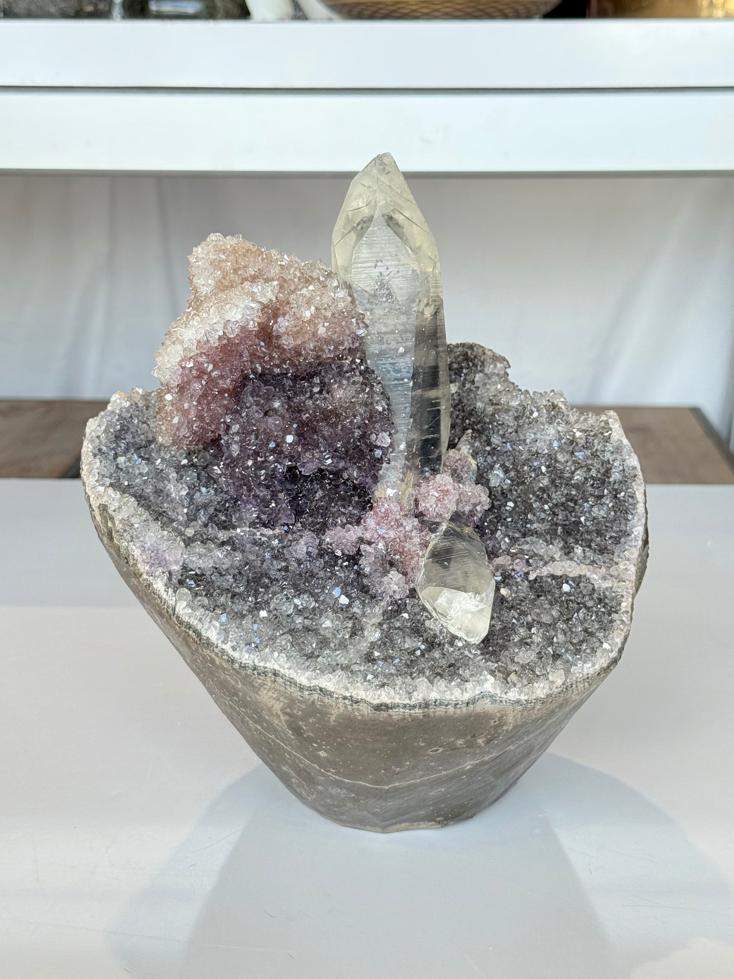 Green, purple pink, Black Amethyst with Lemurian Phantom Quartz Inoculations