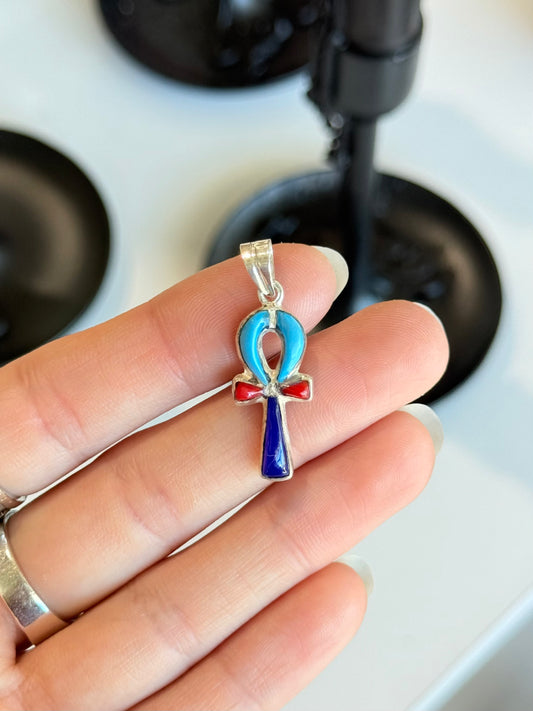 Ankh Pendant – Coral, Turquoise & Lapis Lazuli Paste
