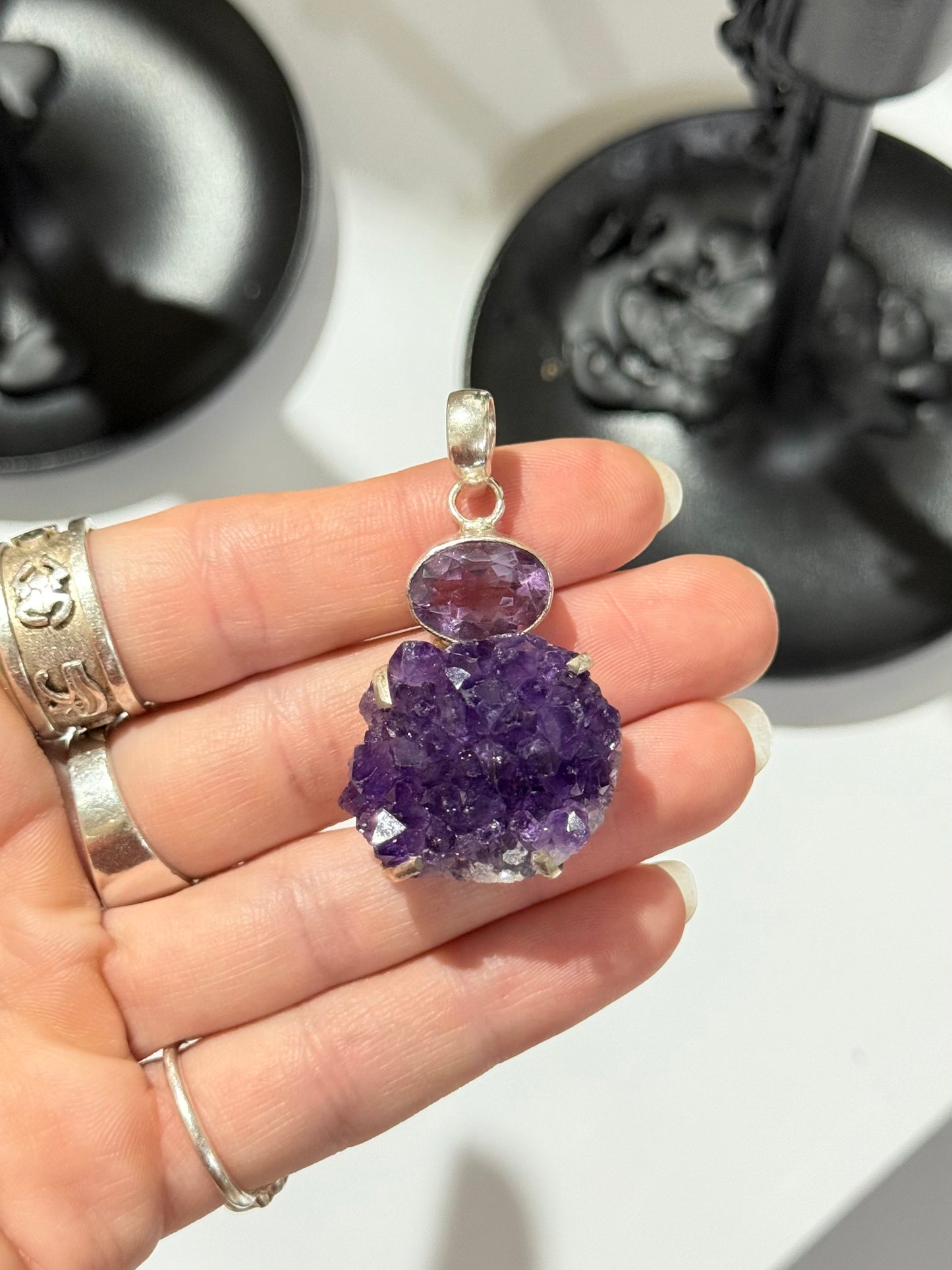 Faceted Amethyst &amp; Raw Amethyst Cluster Pendant – Sterling Silver 925