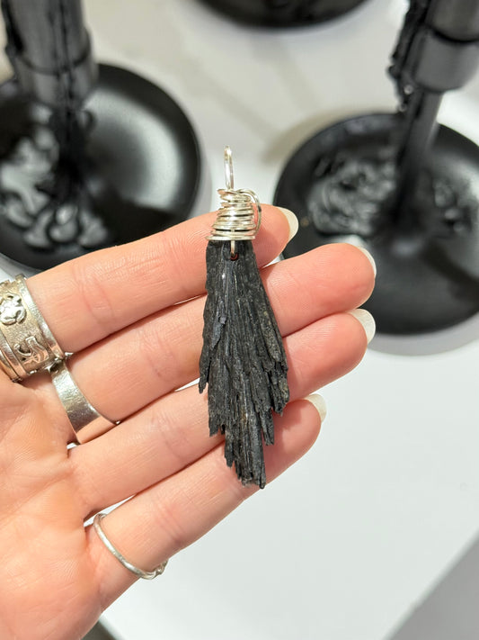 Black Kyanite Pendant – Sterling Silver Wire Wrap
