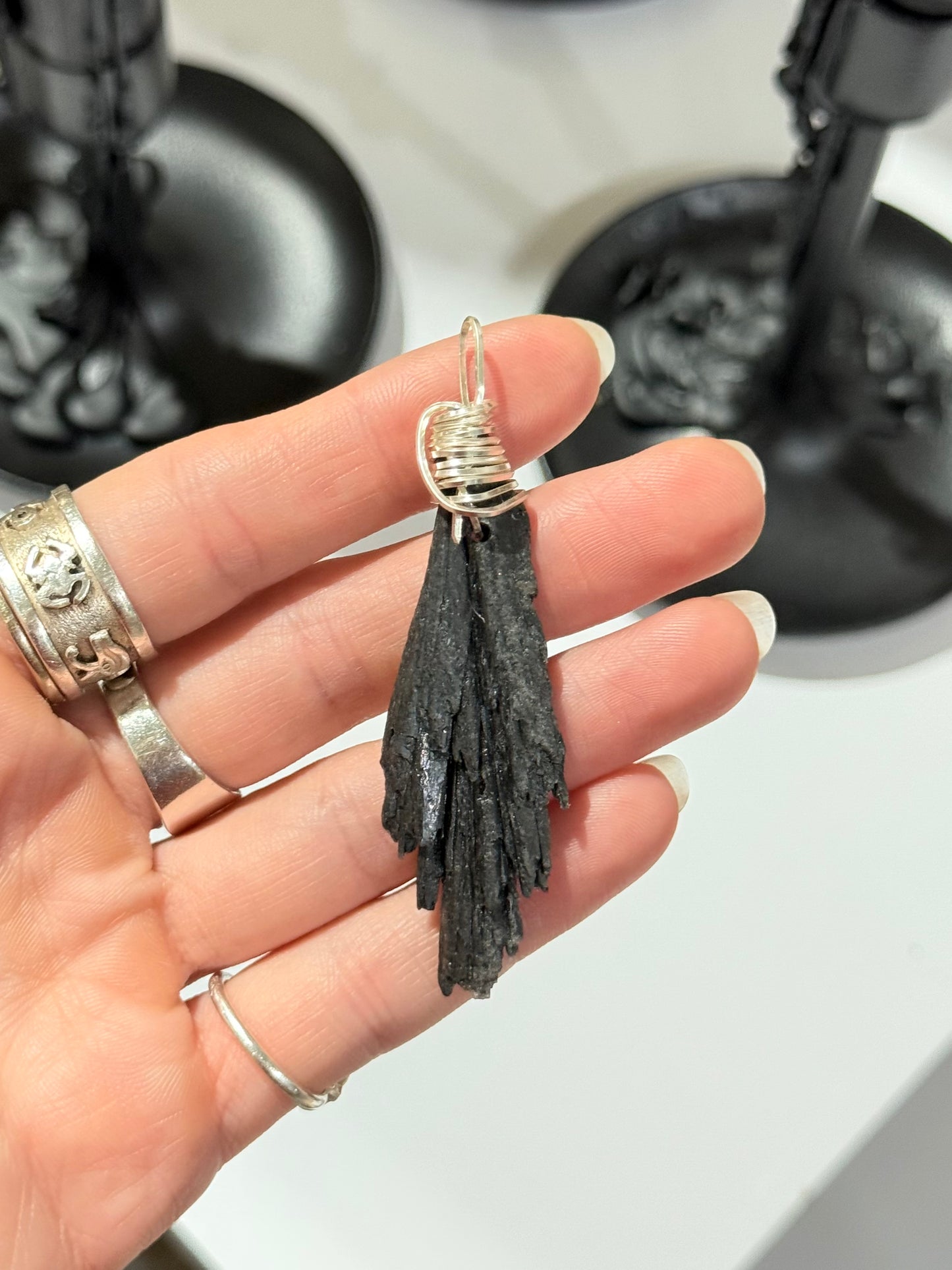 Black Kyanite Pendant – Sterling Silver Wire Wrap