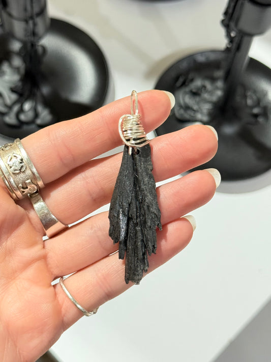 Black Kyanite Pendant – Sterling Silver Wire Wrap