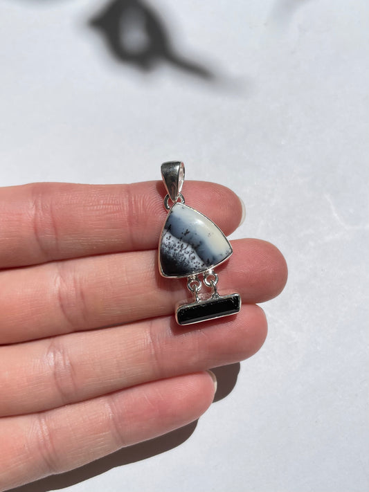 Dendritic Agate & Black Tourmaline Pendant
