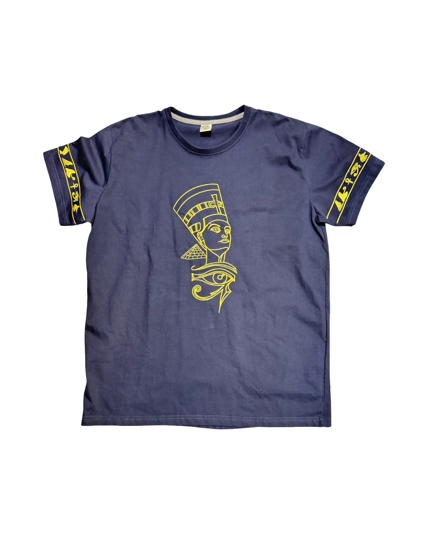 Nefertiti & Ojo de Horus Navi Blue T-Shirt 100% Egyptian Cotton ( XLarge )