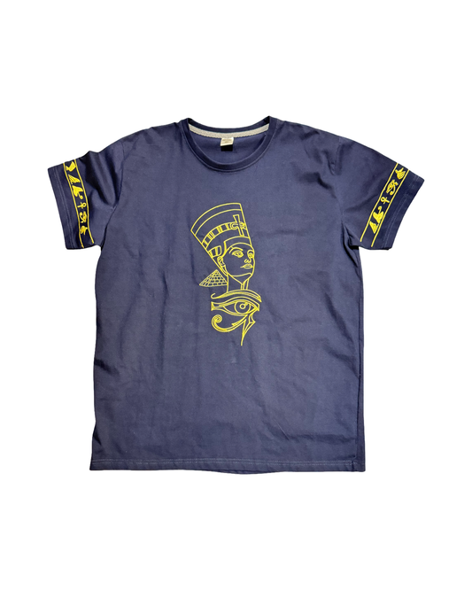 Nefertiti & Ojo de Horus Navi Blue T-Shirt 100% Egyptian Cotton ( XLarge )
