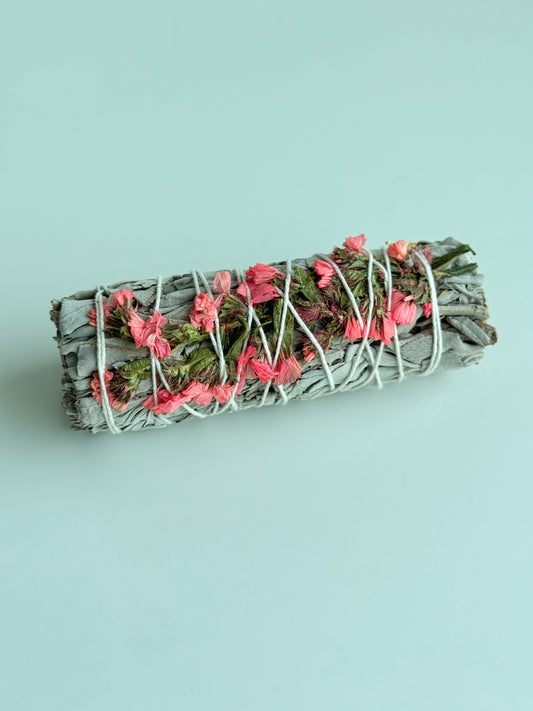 White Sage and Pink Flowers Smudge