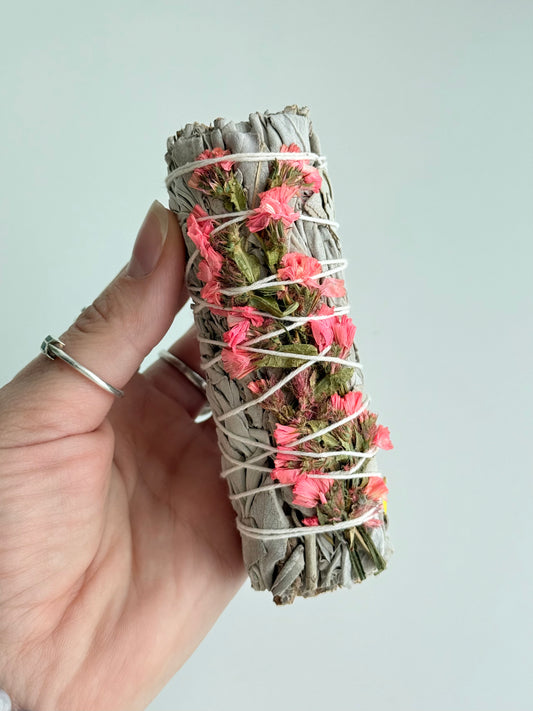 White Sage and Pink Flowers Smudge
