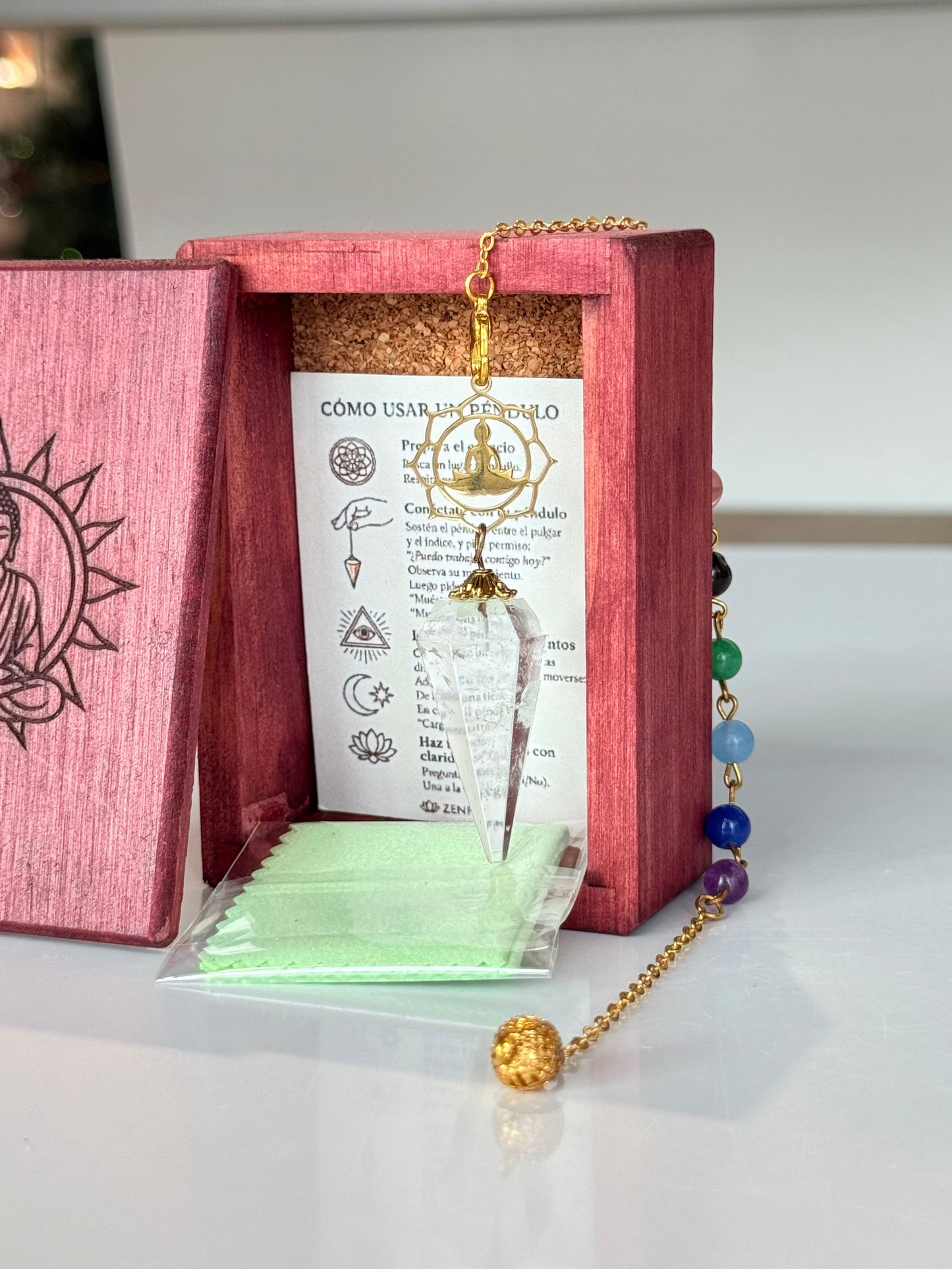 Clear Quartz & Chakra Pendulum ( Wood Box Included )