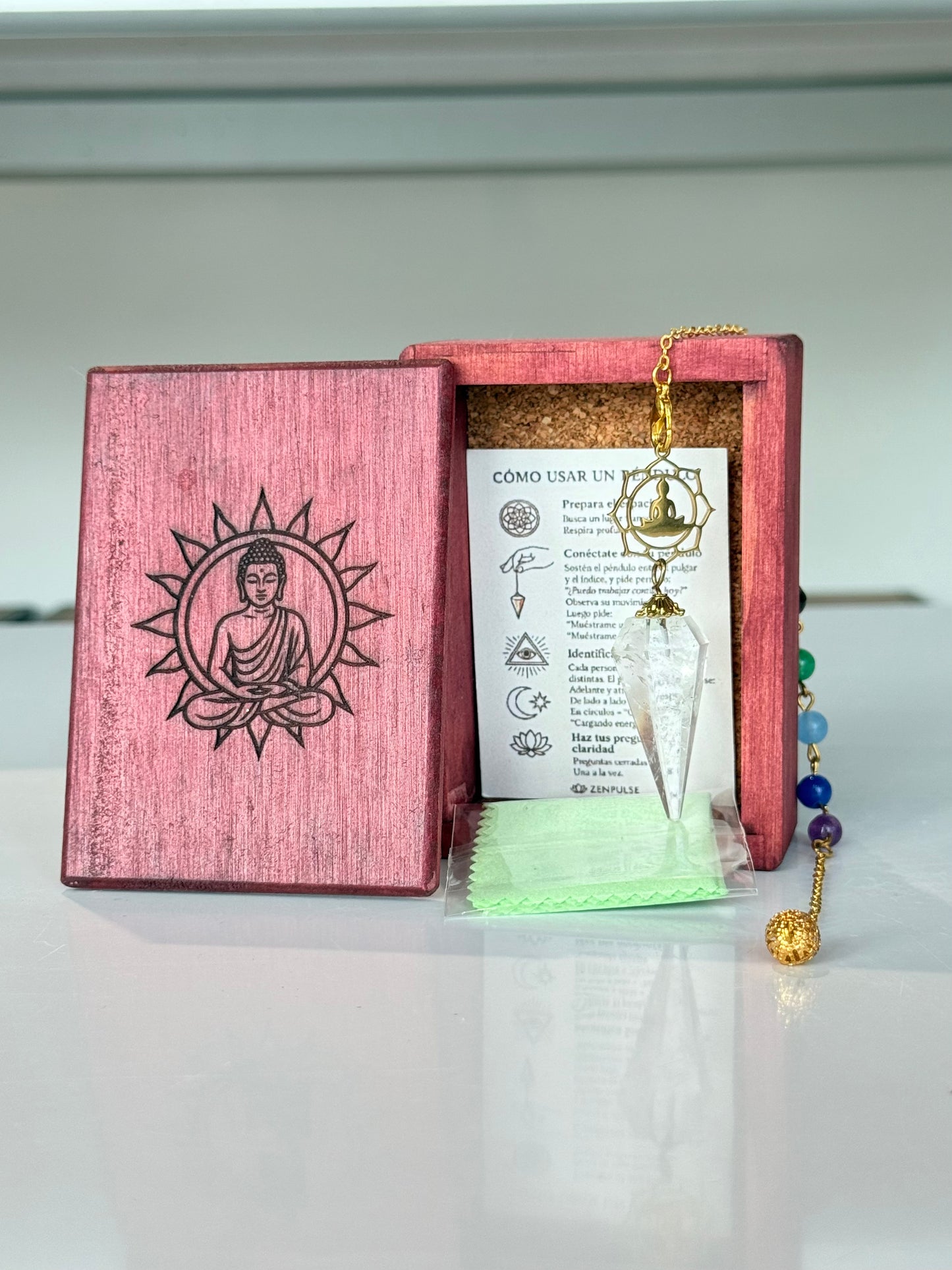 Clear Quartz & Chakra Pendulum ( Wood Box Included )