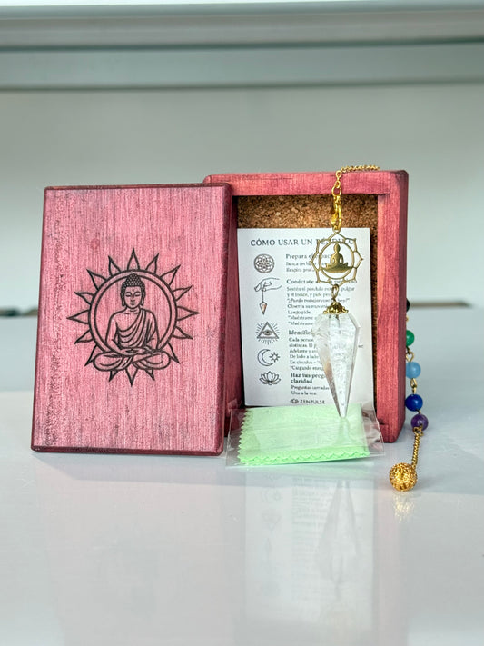 Clear Quartz & Chakra Pendulum ( Wood Box Included )