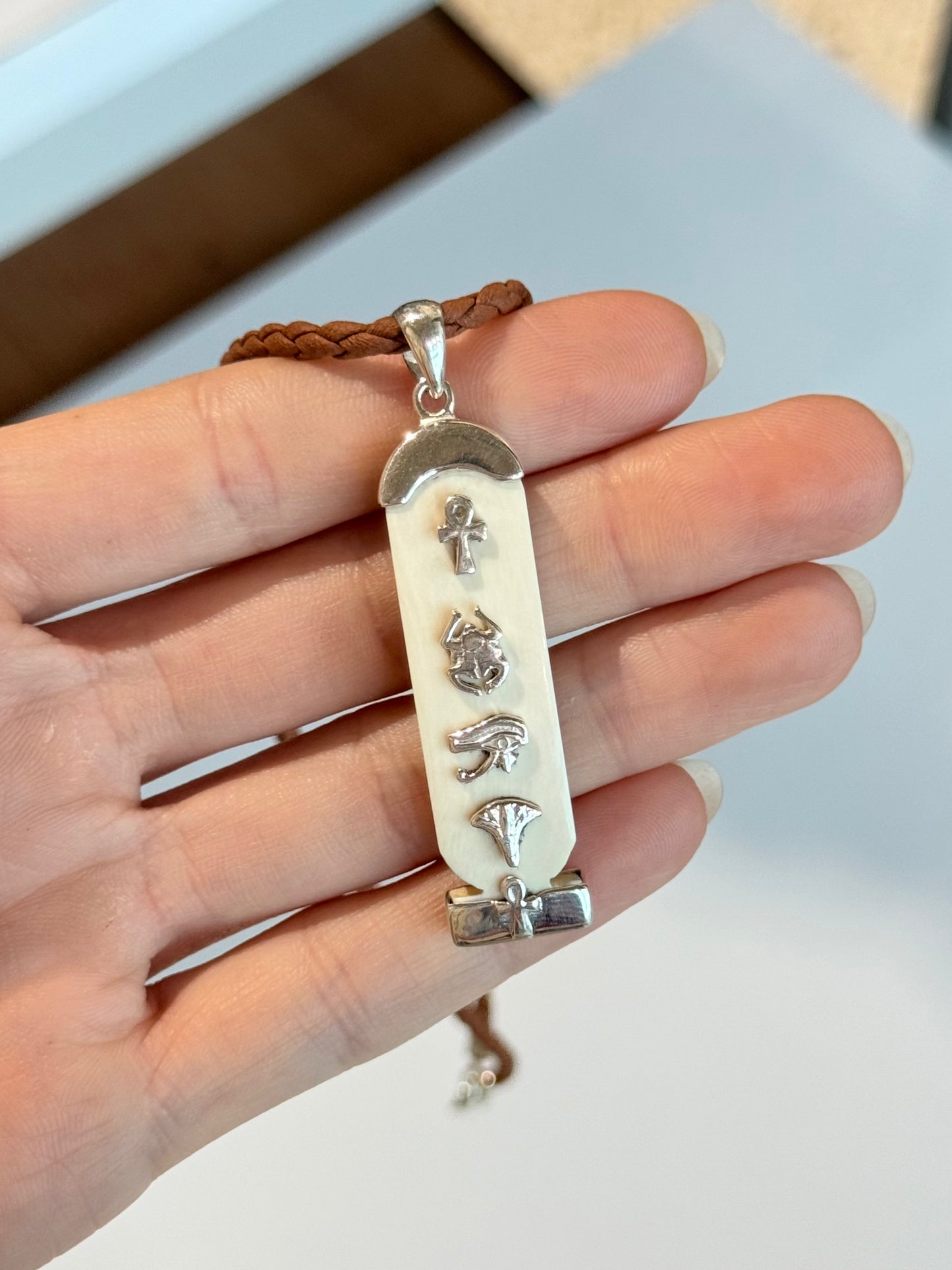 Ivory Cartouche with the 4 Elements and Anubis on the Back ( Silver 925 )