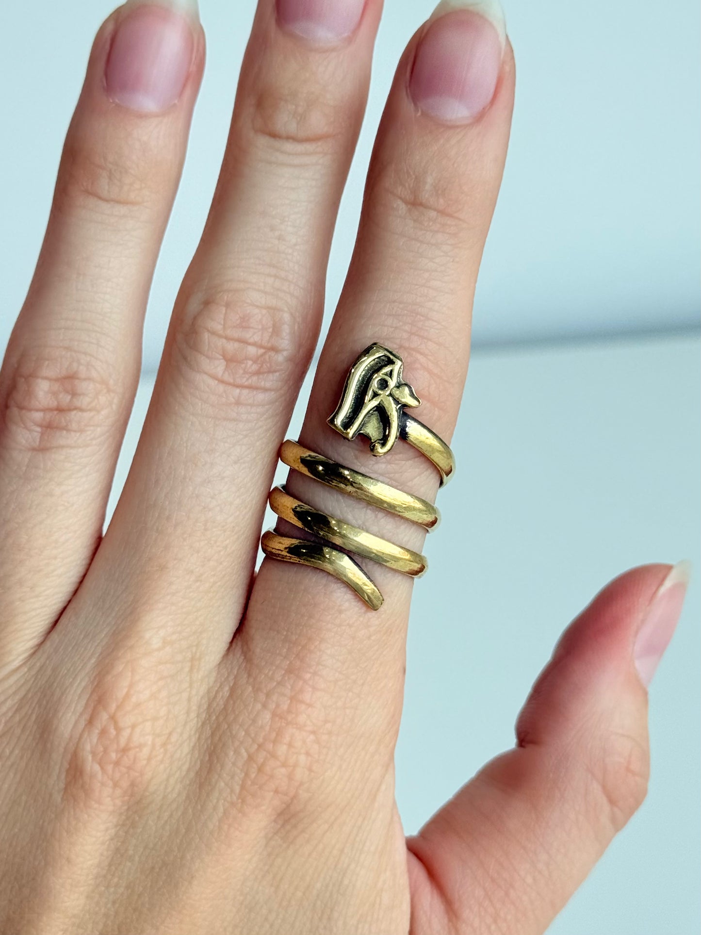 Eye of Horus Swirl Adjustable Brass Ring – Best Fits Size 7 or 8 and Can Be Adjusted Larger