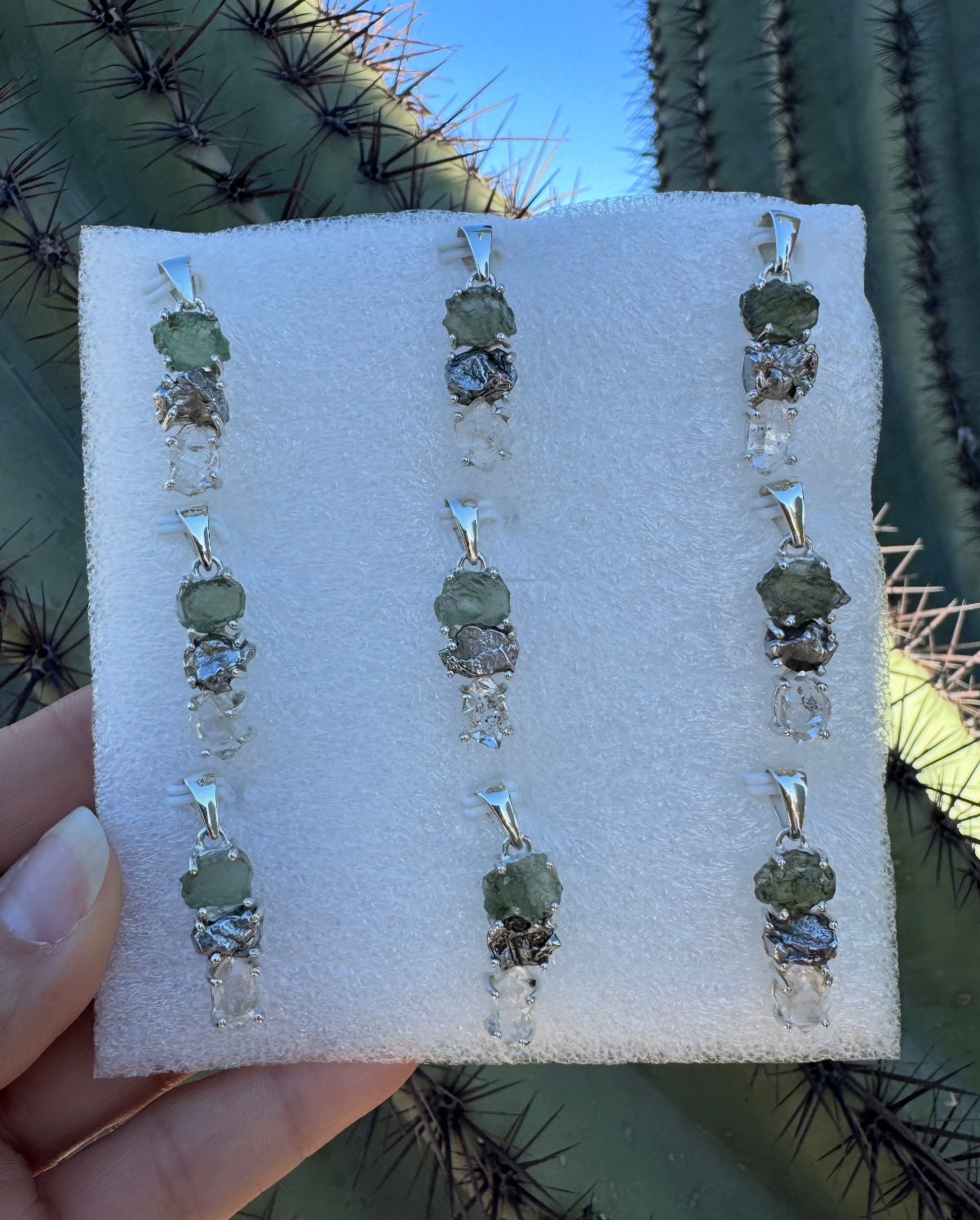 Moldavite, Campo del cielo & Herkimer Diamond Pendant ( Silver 925 )