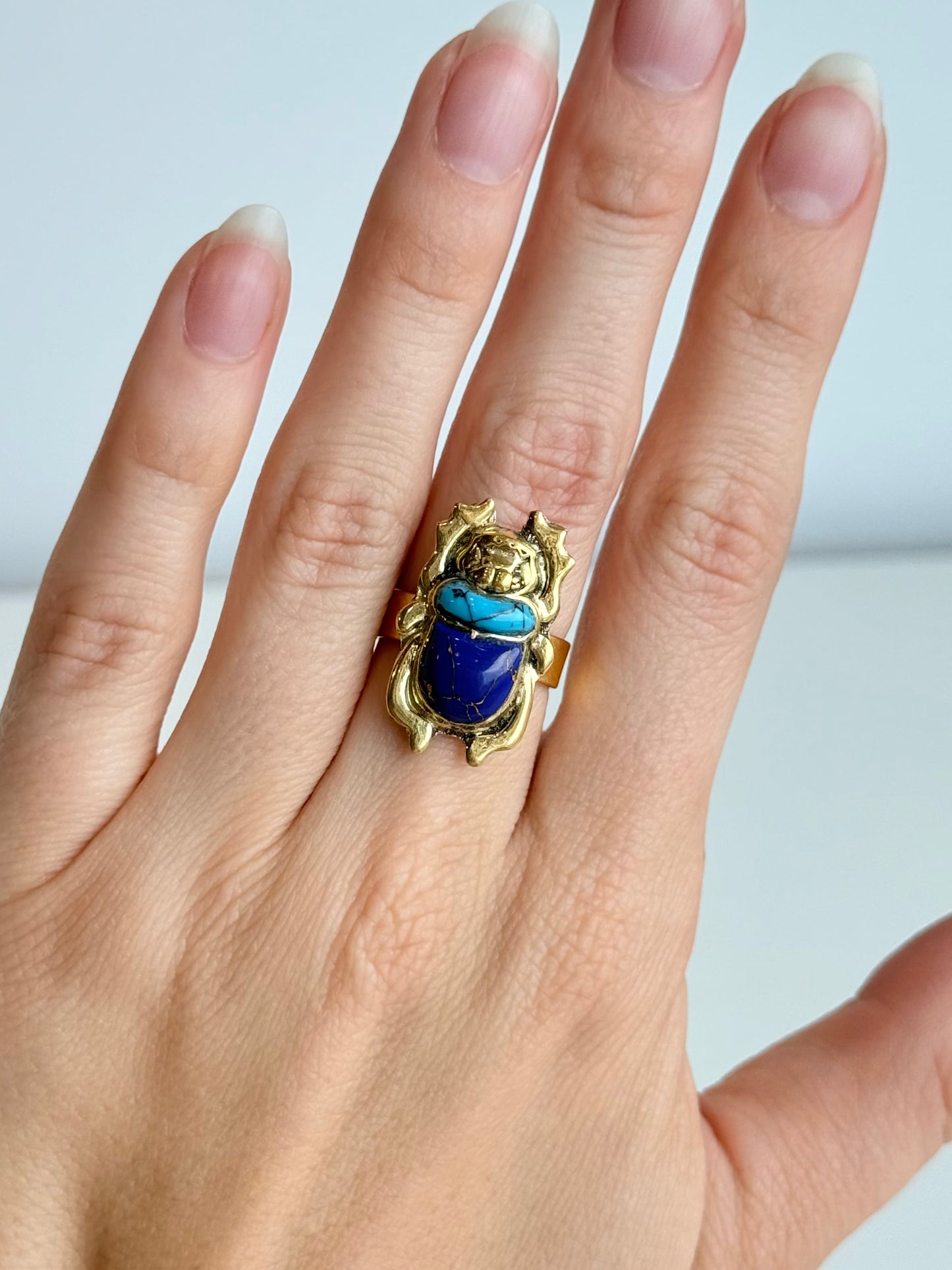 Scarab Crushed Stone Adjustable Brass Ring – Best Fits Size 7 and Can Be Adjusted Larger