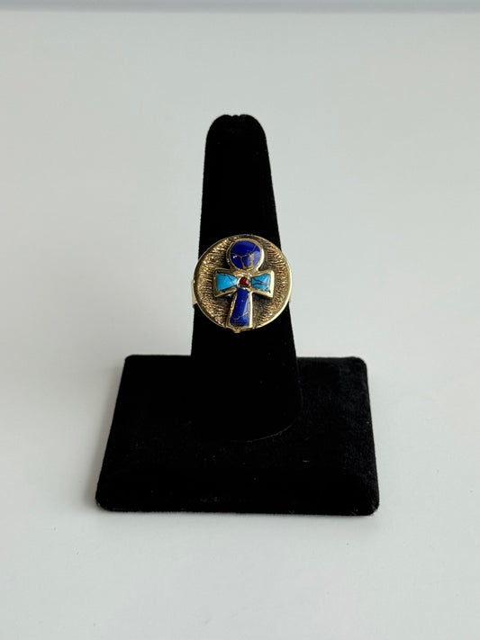 Ankh Stone Inlay Adjustable Brass Ring – Best Fits Size 8 and Can Be Adjusted Larger