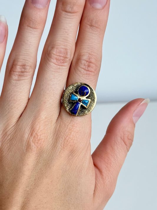 Ankh Stone Inlay Adjustable Brass Ring – Best Fits Size 8 and Can Be Adjusted Larger
