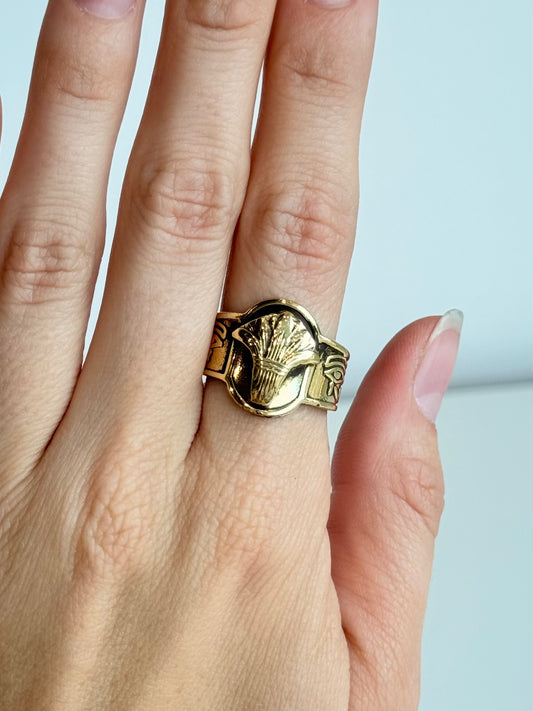 Lotus Adjustable Brass Ring with Eye of Horus Sides – Best Fits Size 8 and Can Be Adjusted Larger
