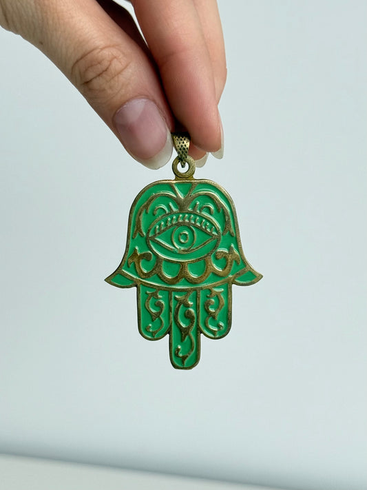 Hamsa Eye Pendant – Green | Brass
