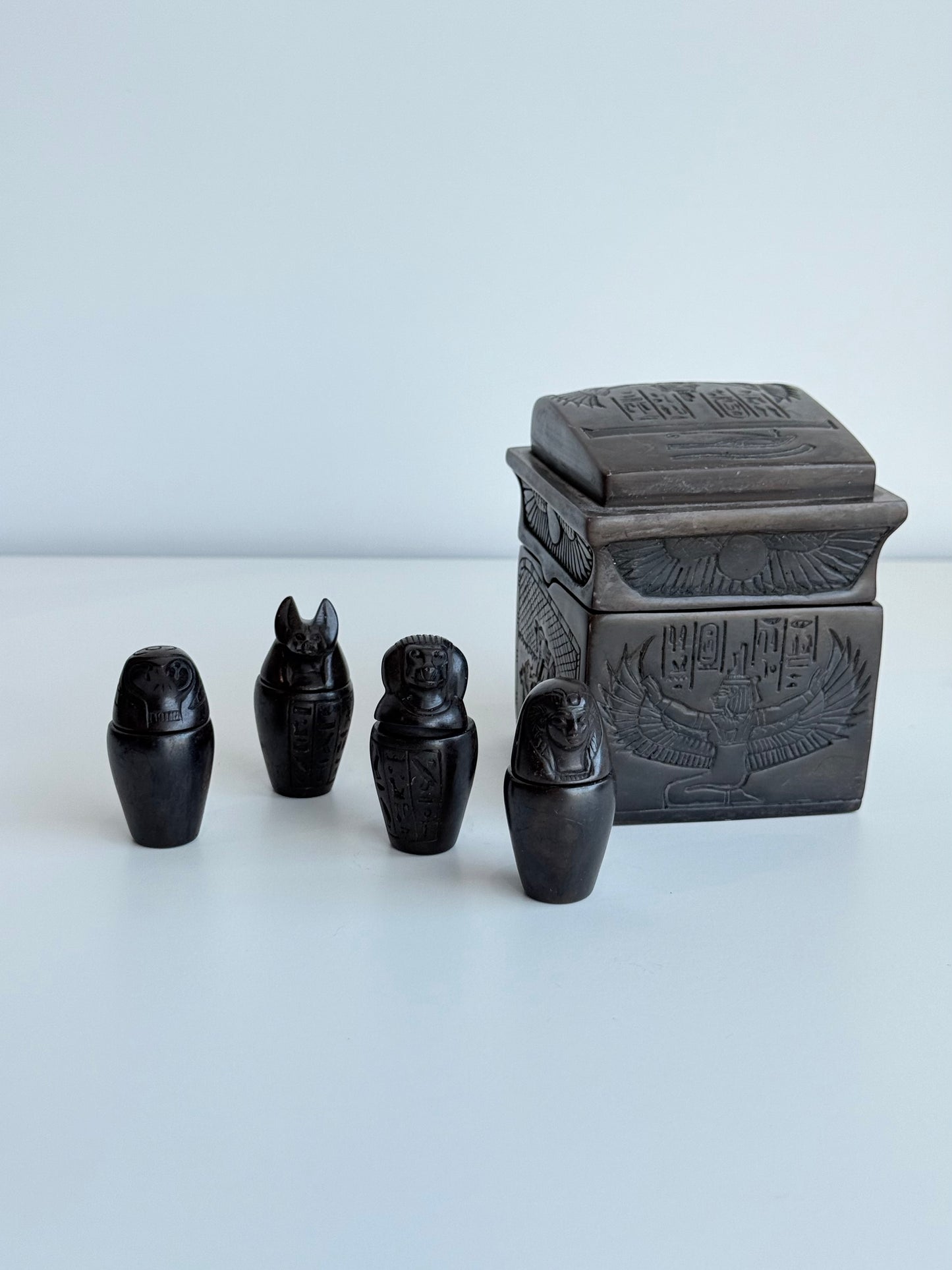 Egyptian Canopic Jar Set with Storage Box – Gypsum - Basalt
