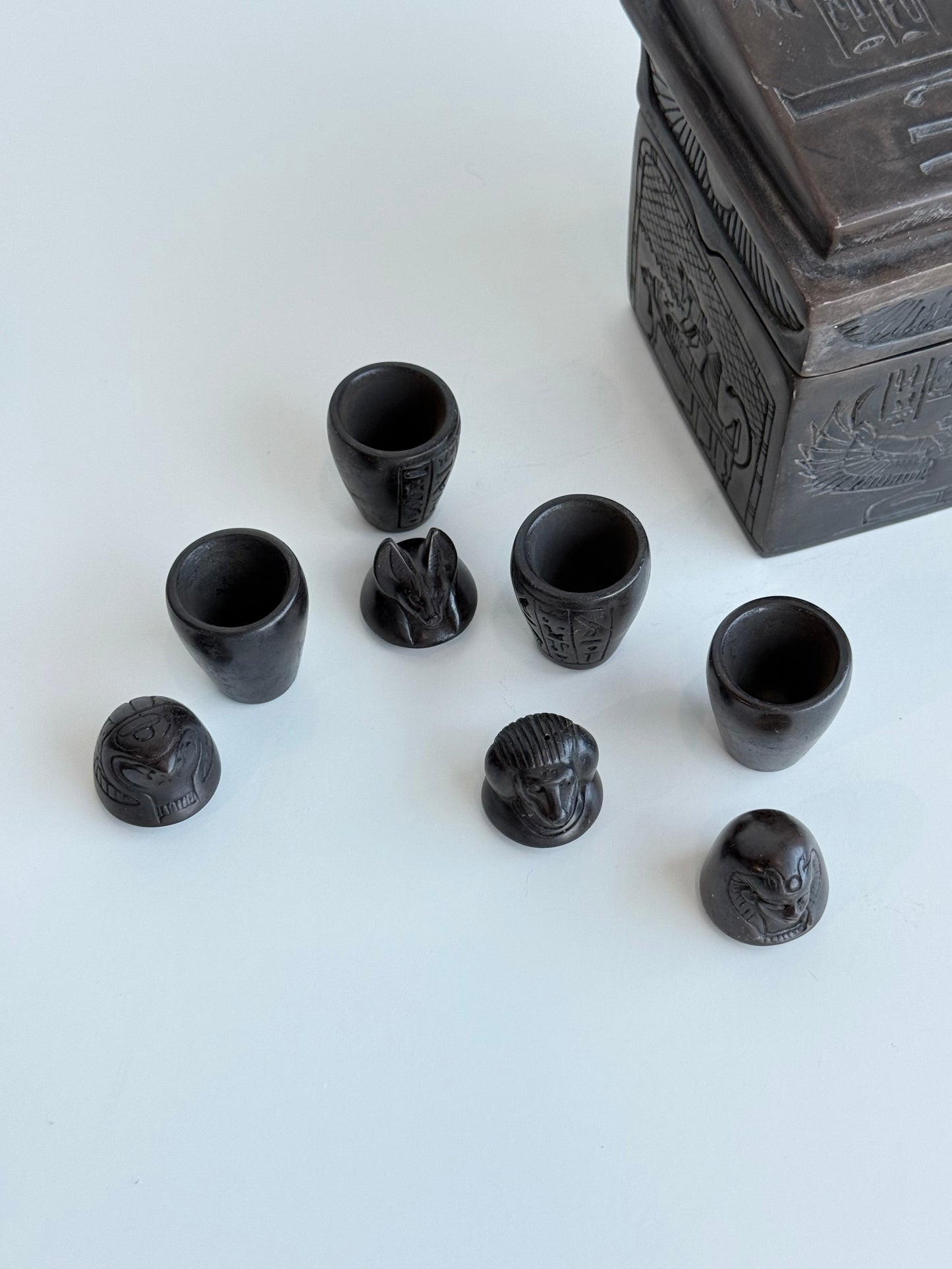 Egyptian Canopic Jar Set with Storage Box – Gypsum - Basalt