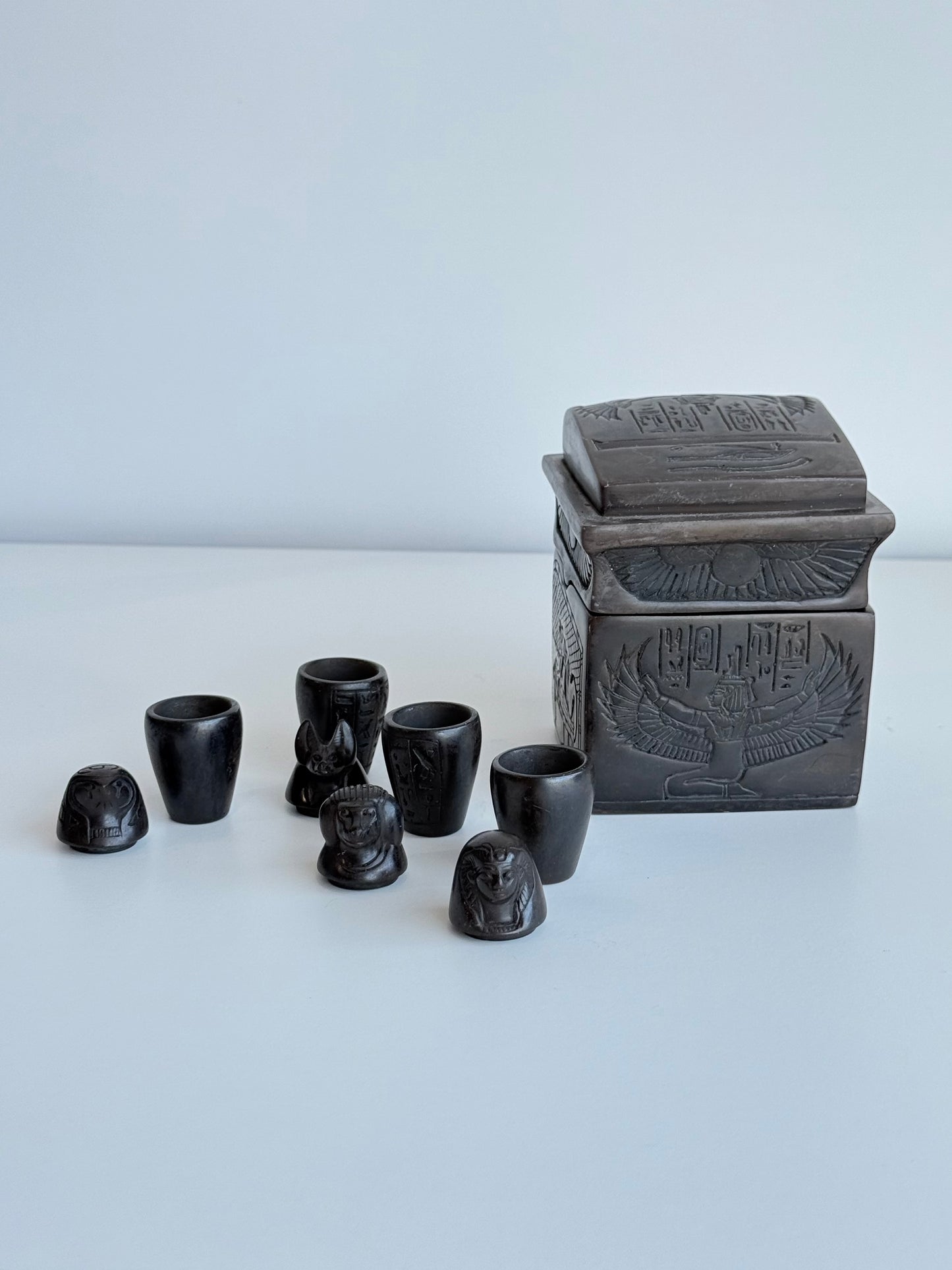 Egyptian Canopic Jar Set with Storage Box – Gypsum - Basalt