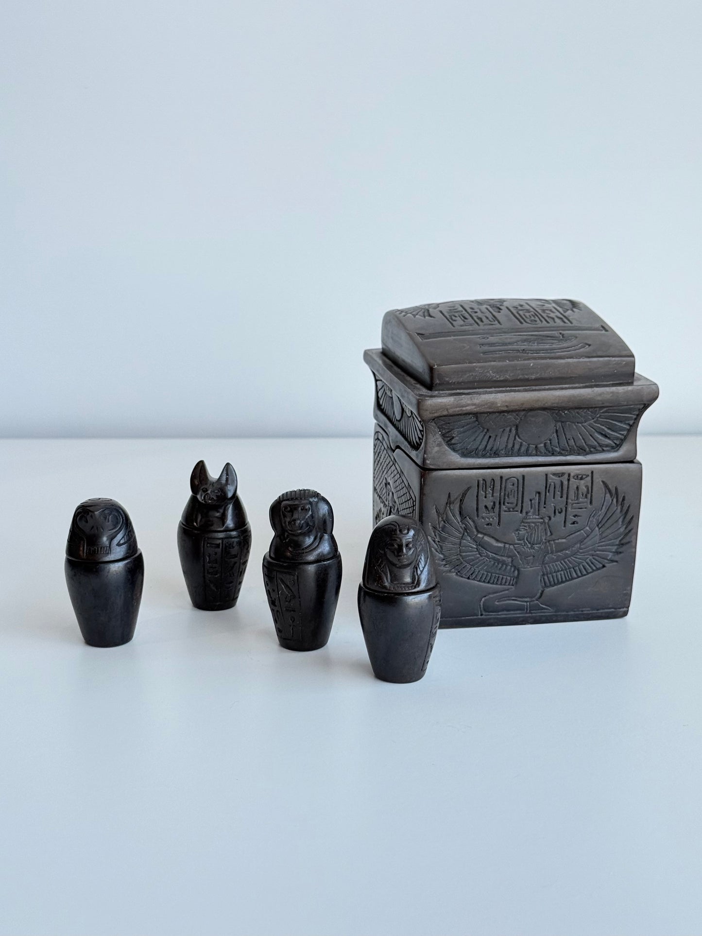 Egyptian Canopic Jar Set with Storage Box – Gypsum - Basalt