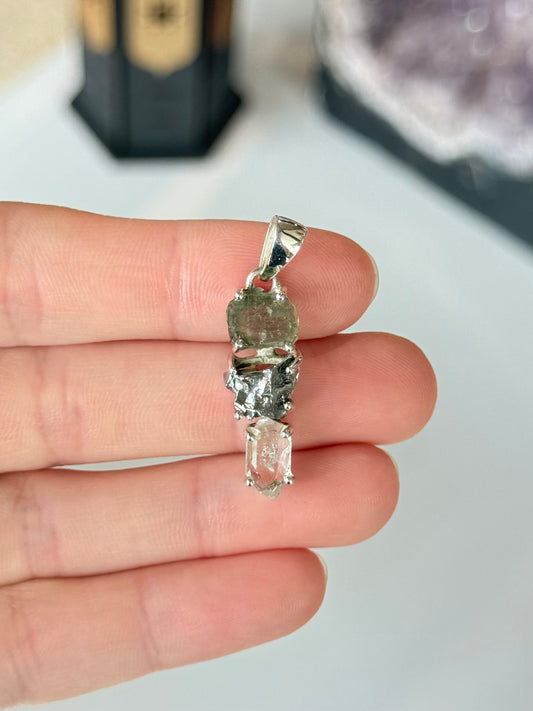 Moldavite, Campo del Cielo & Herkimer Diamond Trilogy Pendant