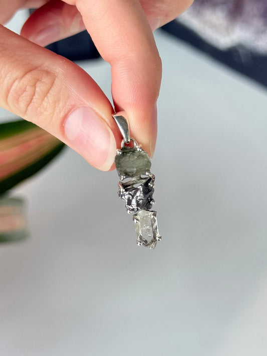 Moldavite, Campo del Cielo & Herkimer Diamond Trilogy Pendant
