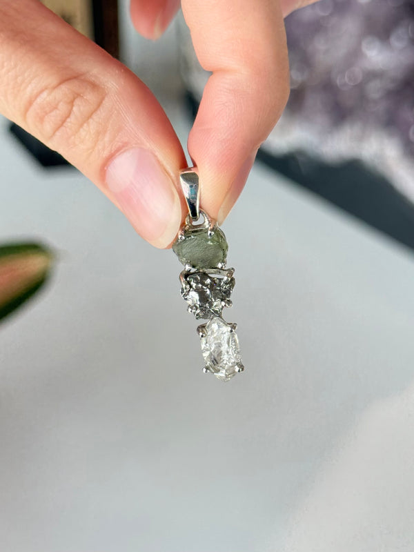 Moldavite, Campo del Cielo & Herkimer Diamond Trilogy Pendant