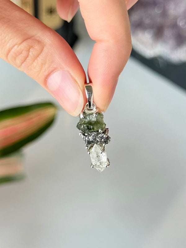 Moldavite, Campo del Cielo & Herkimer Diamond Trilogy Pendant