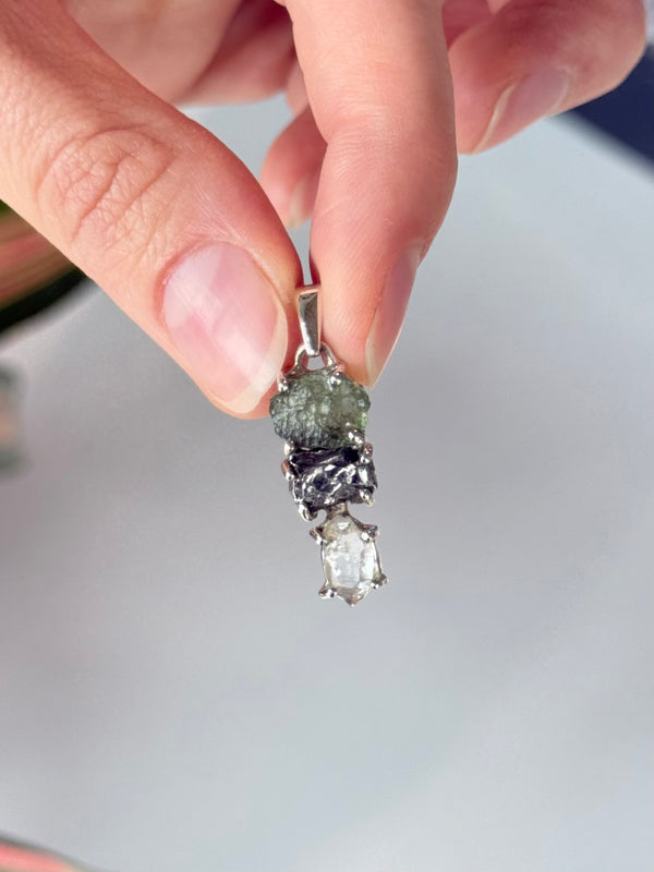 Moldavite, Campo del Cielo & Herkimer Diamond Trilogy Pendant