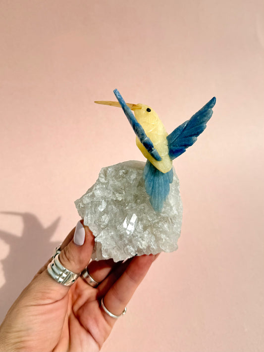Hummingbird Yellow Calcite and Clear Quartz Base