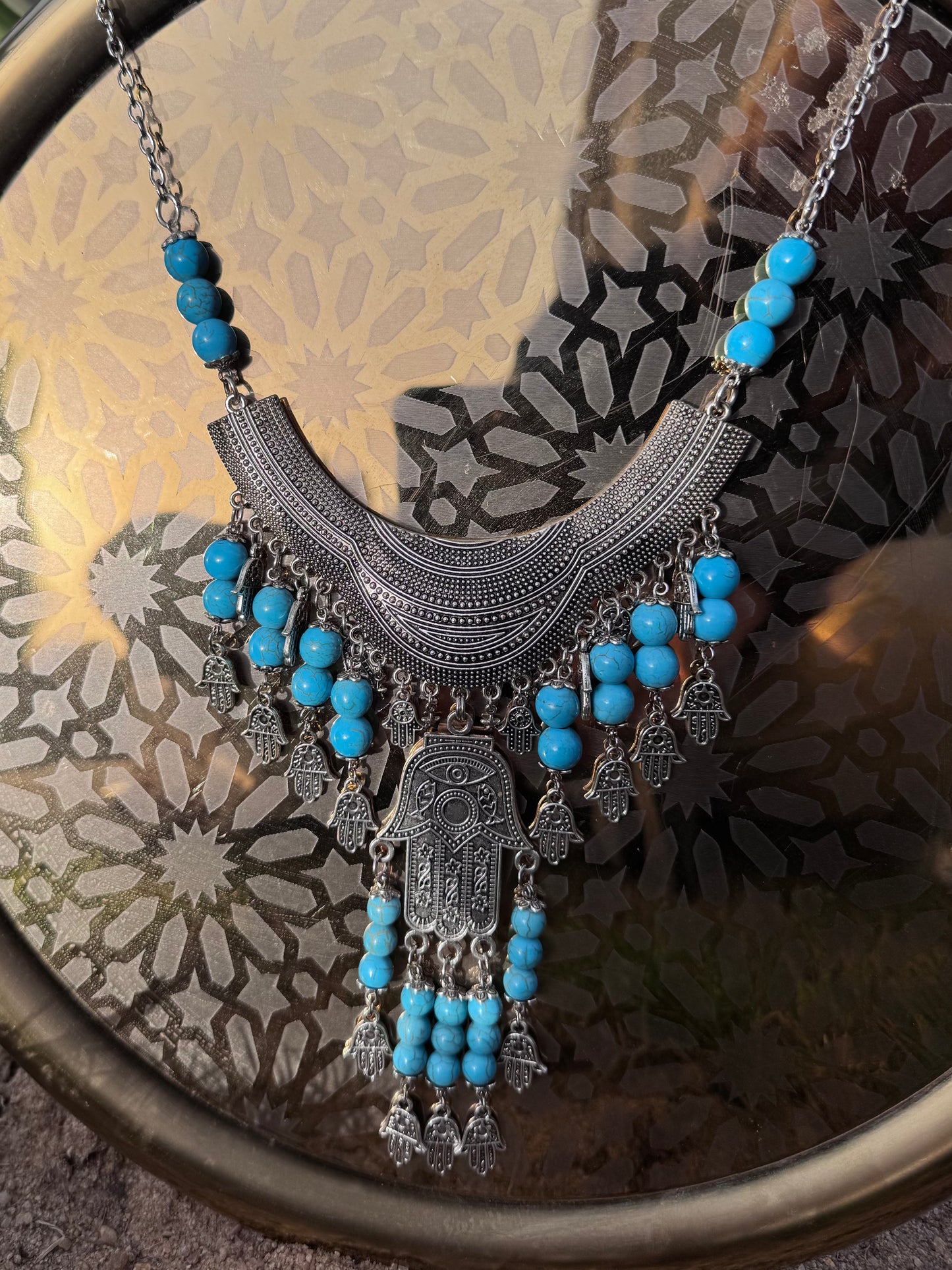 Pre-Order: Mano de Fatima and Howlite Turquoise Pewter Necklace
