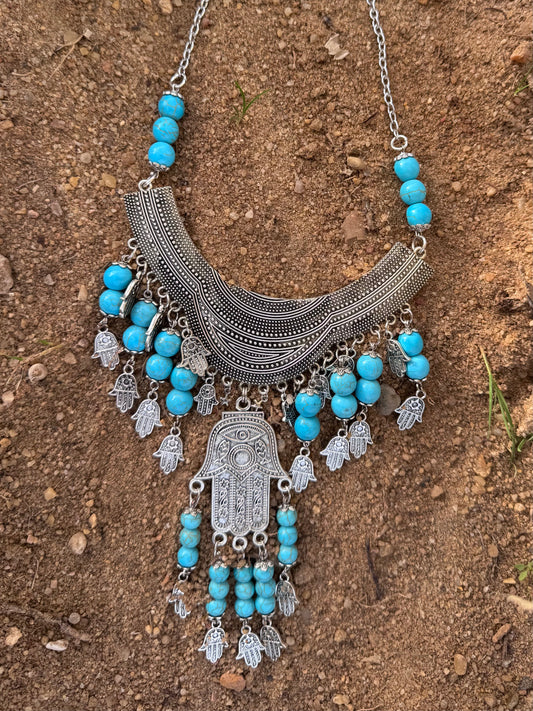 Pre-Order: Mano de Fatima and Howlite Turquoise Pewter Necklace